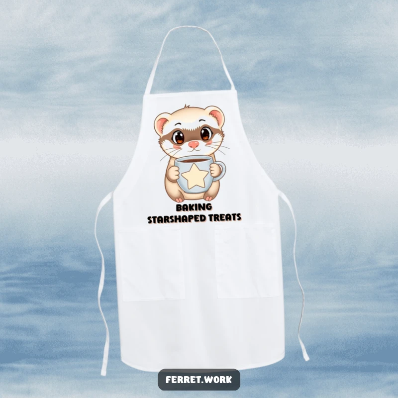 Funny Ferret Apron showing a curious ferret with endearing eyes clutching a star-shaped coffee mug, ideal for a humorous kitchen experience.