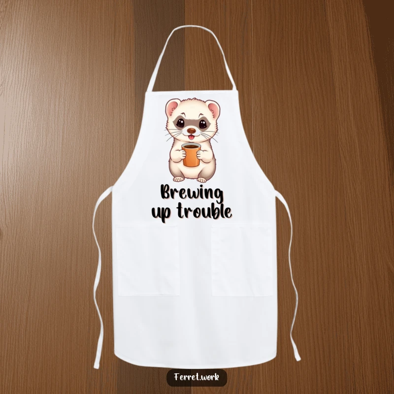 Funny kitchen apron showing an energetic ferret with a small coffee cup, ready to whip up a delicious meal.