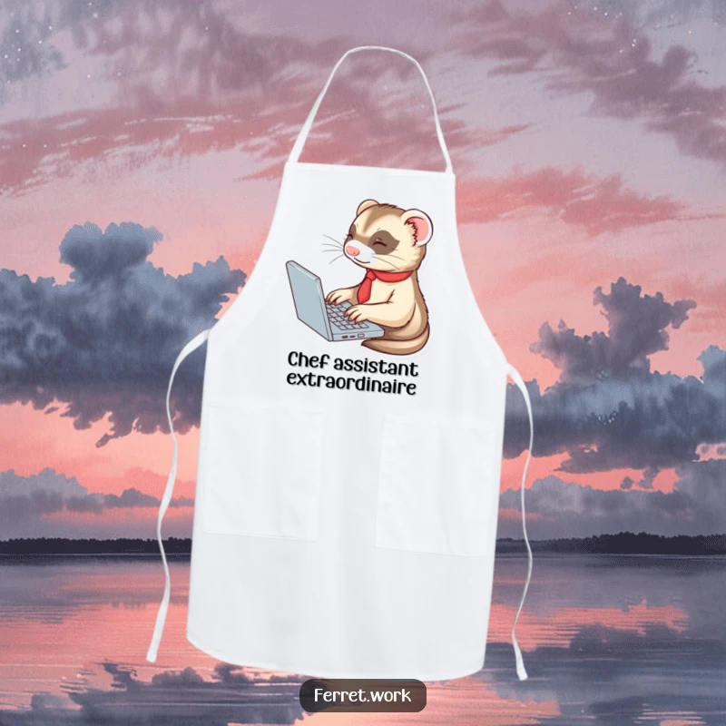 Funny ferret in a tie, typing enthusiastically on a laptop, on a humorous and functional chef's apron.