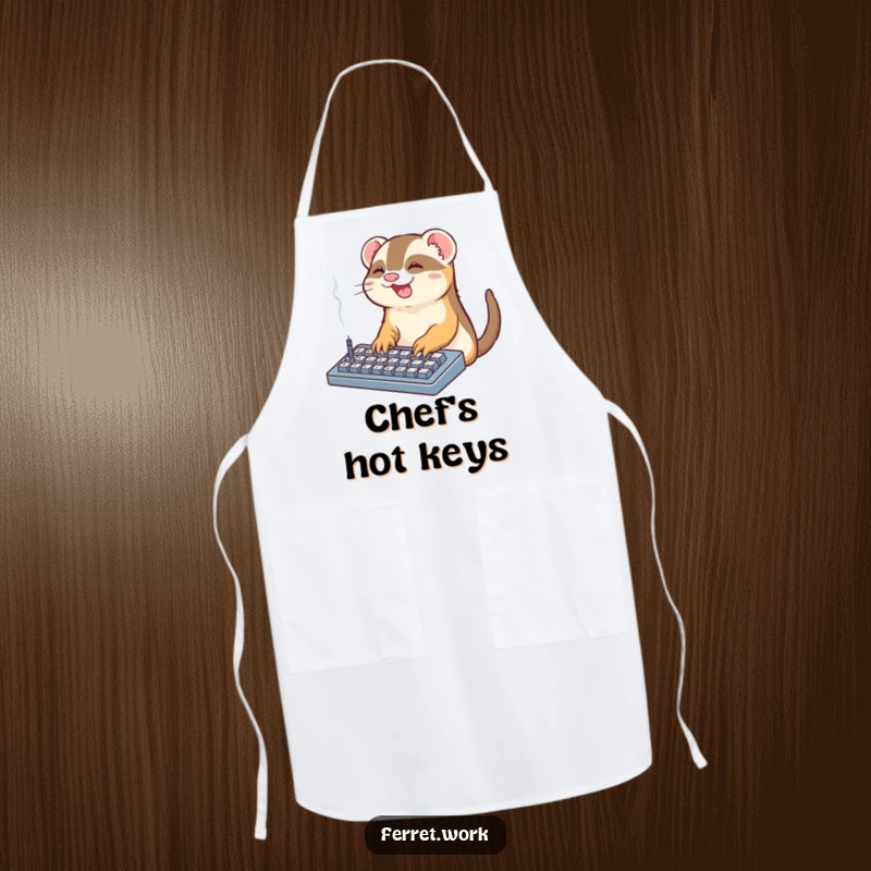 Funny Office Ferret Apron: A kawaii ferret types on a smoking keyboard, a humorous and practical kitchen accessory.