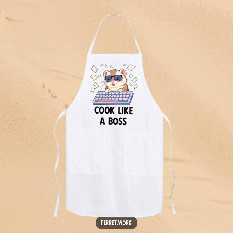 Funny ferret apron, a ferret typing hard on a comically large keyboard surrounded by papers, ideal for kitchen fun.