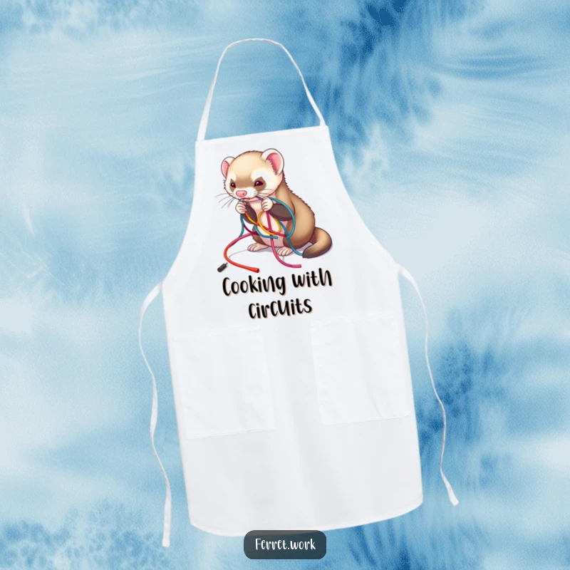 Funny kitchen apron showcasing a ferret playfully untangling a colorful mess of wires, perfect for cooks who embrace chaos, funny gift.