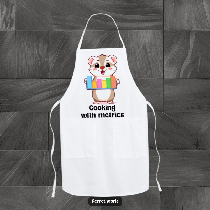 Funny kawaii ferret character enthusiastically presenting a colorful bar graph on a kitchen apron, adding humor while cooking.