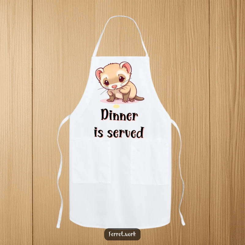 Funny apron with a ferret intensely focused on chasing a red laser pointer dot, perfect for kitchen concentration.