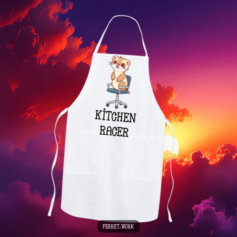 Funny apron featuring a ferret riding an office chair, ready to help cook with hilarious speed and enthusiasm.