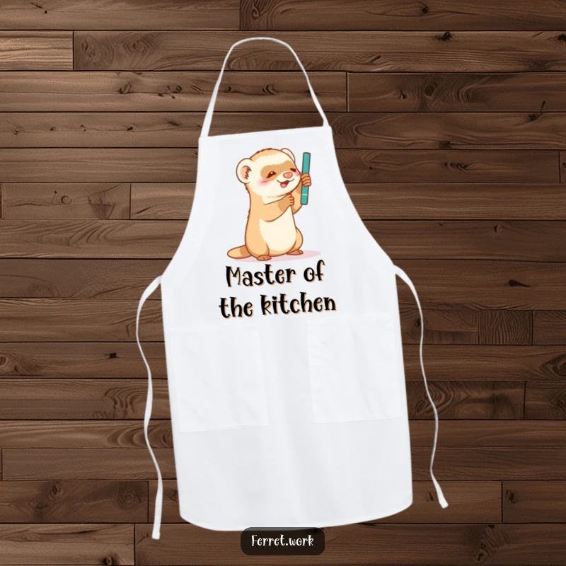Funny Apron: A determined ferret humorously batting at a swinging pen, ready for kitchen adventures.