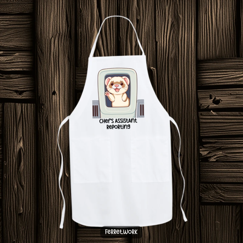 Funny apron: A happy ferret peeking from a cubicle, waving a friendly greeting, perfect for the kitchen.