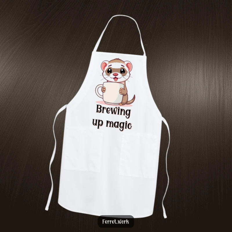 Funny ferret apron showing an energized ferret holding a comically large coffee mug, perfect for cooking.