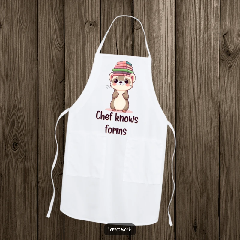 Funny ferret character balancing a stack of forms on its head on a kitchen apron, for humorous chefs.