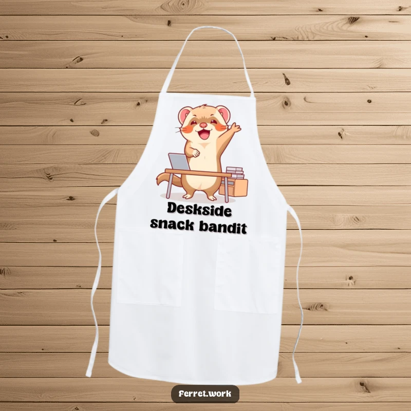 Funny ferret performing an energetic happy dance in a kitchen setting, a humorous apron design for cooking enthusiasts.