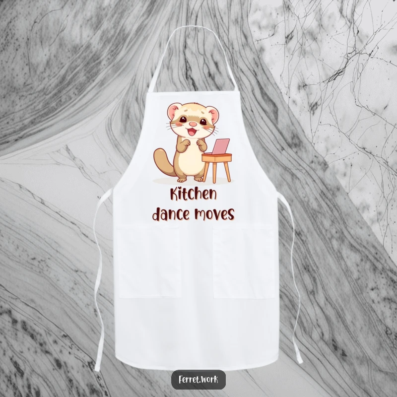 Funny apron with a ferret doing a happy dance at a small desk, ideal for humorous kitchen activities.