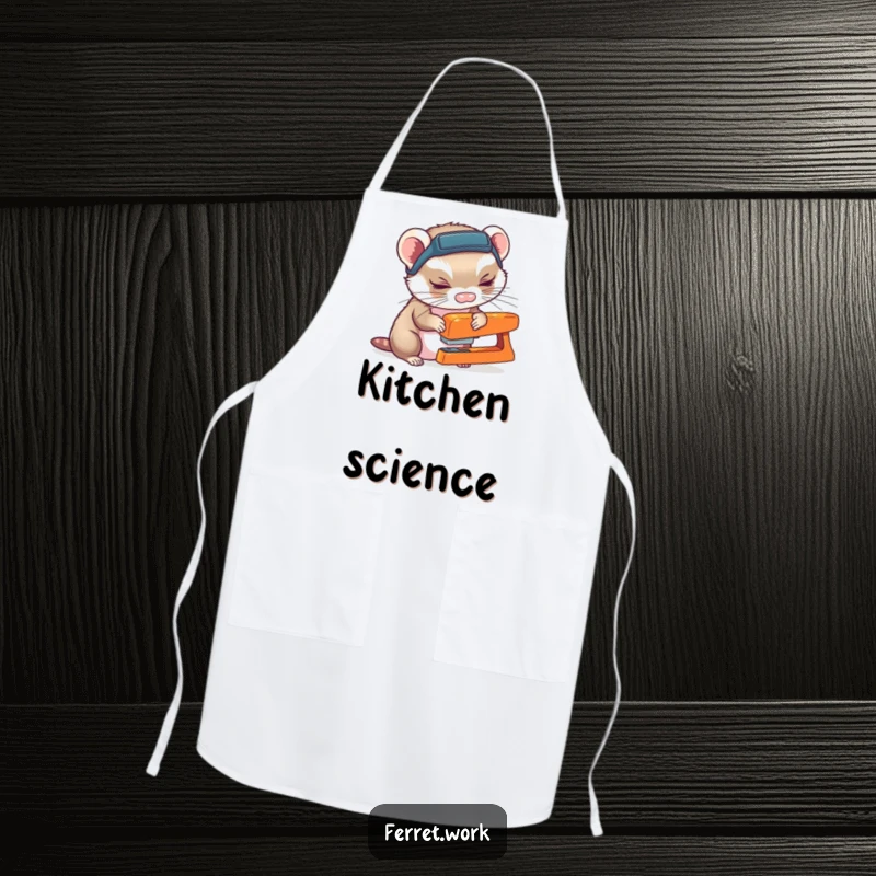 Funny ferret wearing a headlamp, curiously sniffing a stapler, on a humorous and functional chef's apron.