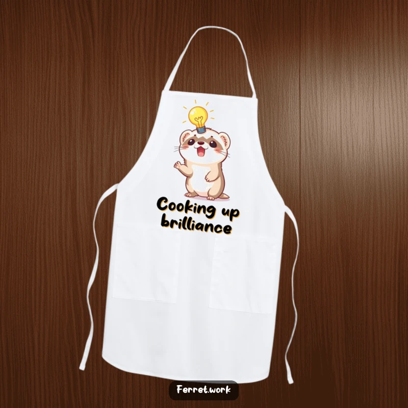 Funny apron with an excited ferret sporting a brightly lit lightbulb above its head, perfect for creative cooking.