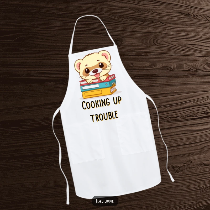 Funny ferret apron: a mischievous ferret grins while peeking from office files, bringing a touch of humor to the kitchen.