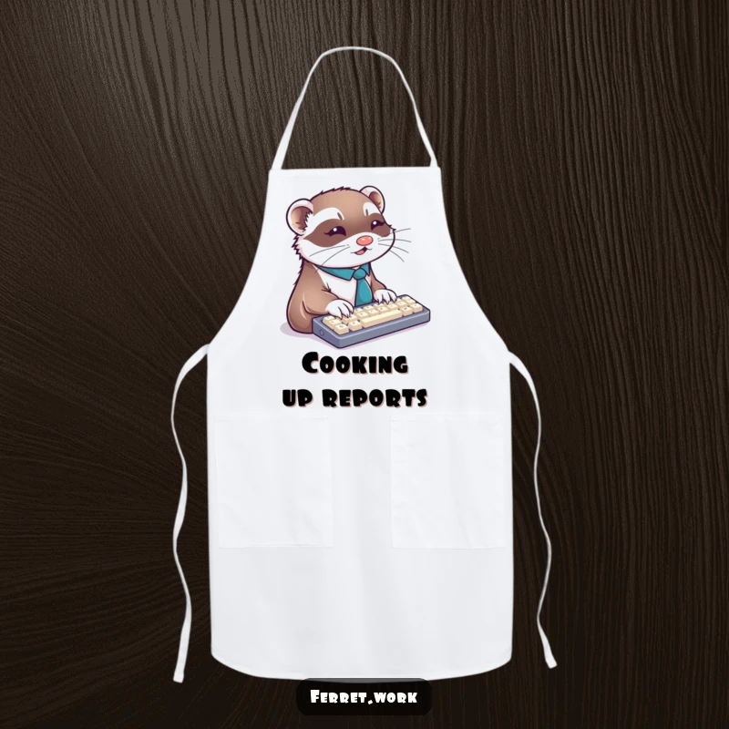 Funny ferret apron featuring a ferret in a tie typing on a keyboard, ideal for kitchen tasks and humor.