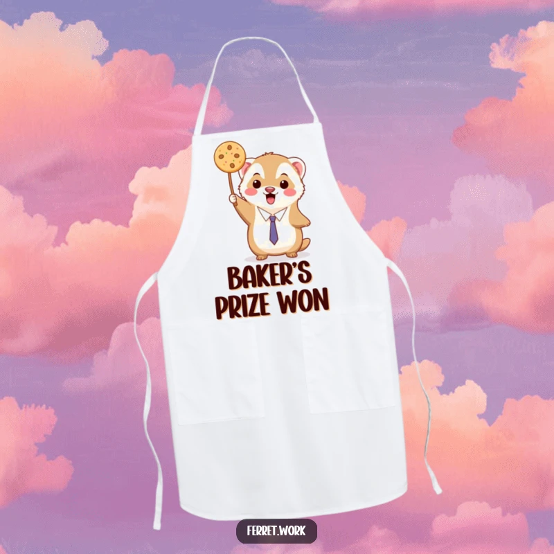 Funny kawaii office ferret triumphantly holding up a single delicious cookie, on a stylish apron.