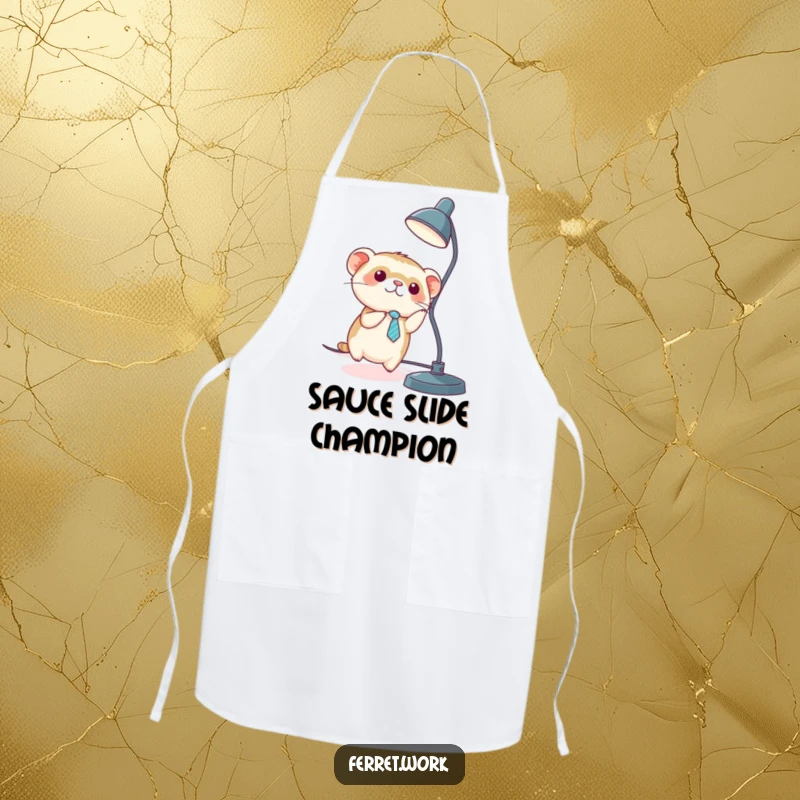 Funny kawaii office ferret wearing a tiny tie, sliding down a desk lamp cord, on a stylish apron.