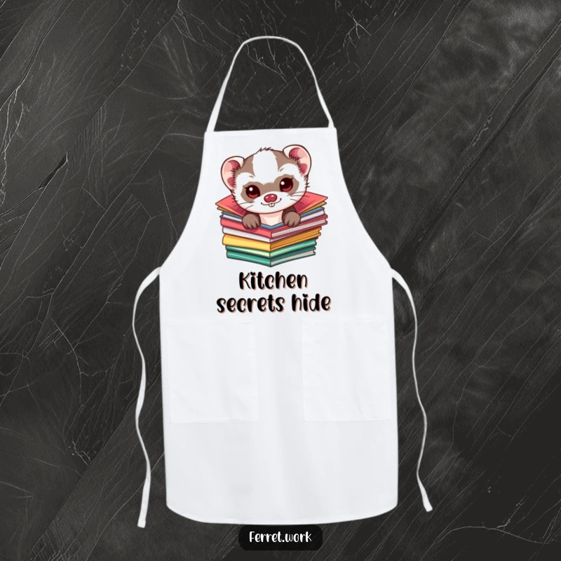Funny kawaii ferret apron, a mischievous cute ferret peeking from colorful folders, ideal for kitchen fun and adding charm.