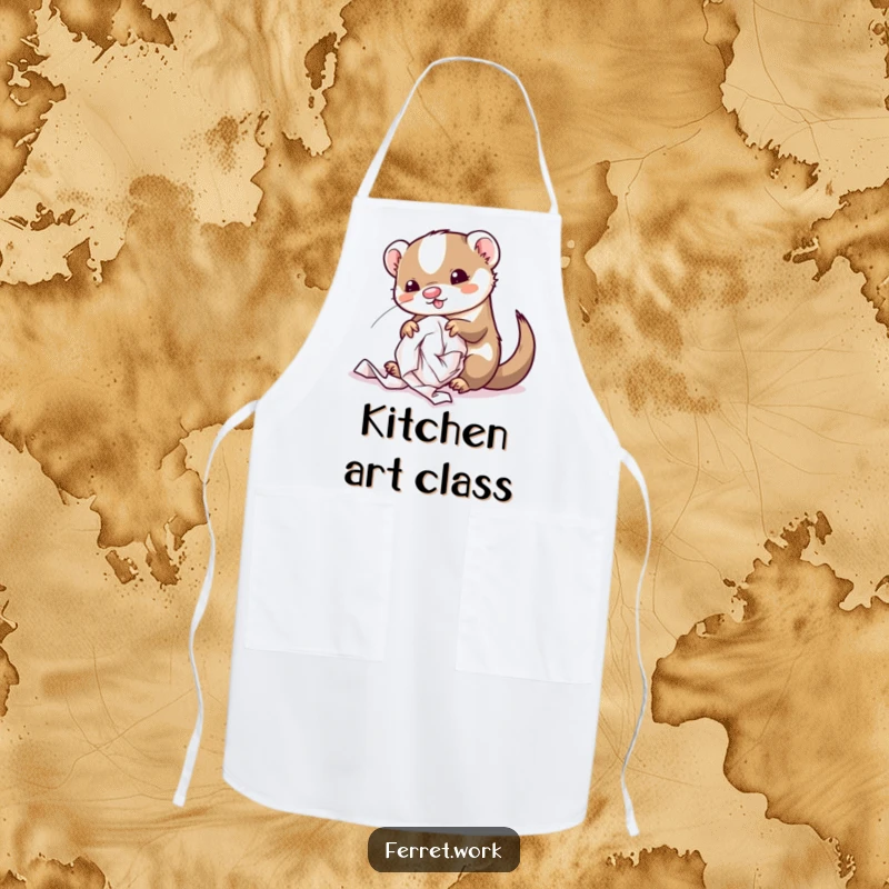 Funny kawaii office ferret embracing a messy paper ball situation, ideal for a humorous apron.