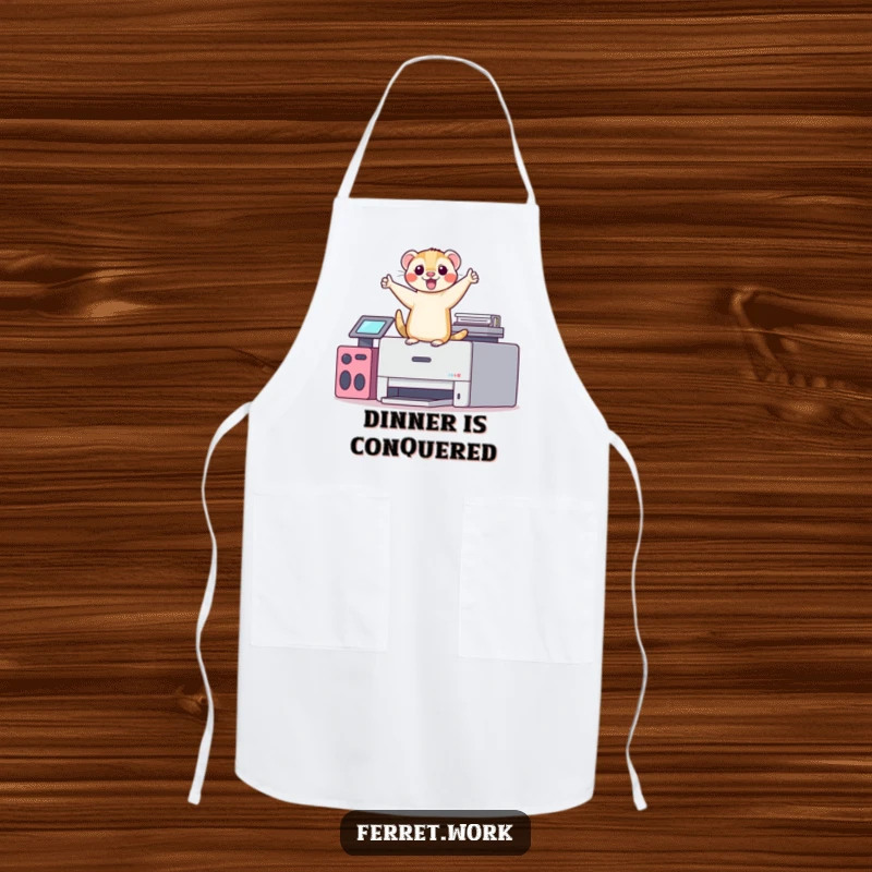Funny kawaii office ferret doing a silly victory dance on top of a printer, a humorous apron for kitchen or office celebration.
