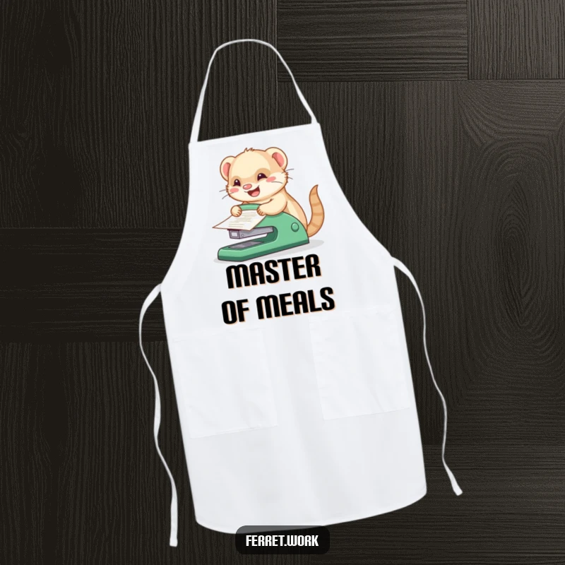 Funny kawaii office ferret joyfully stapling papers with a comically large stapler, a humorous apron for kitchen or office themes.