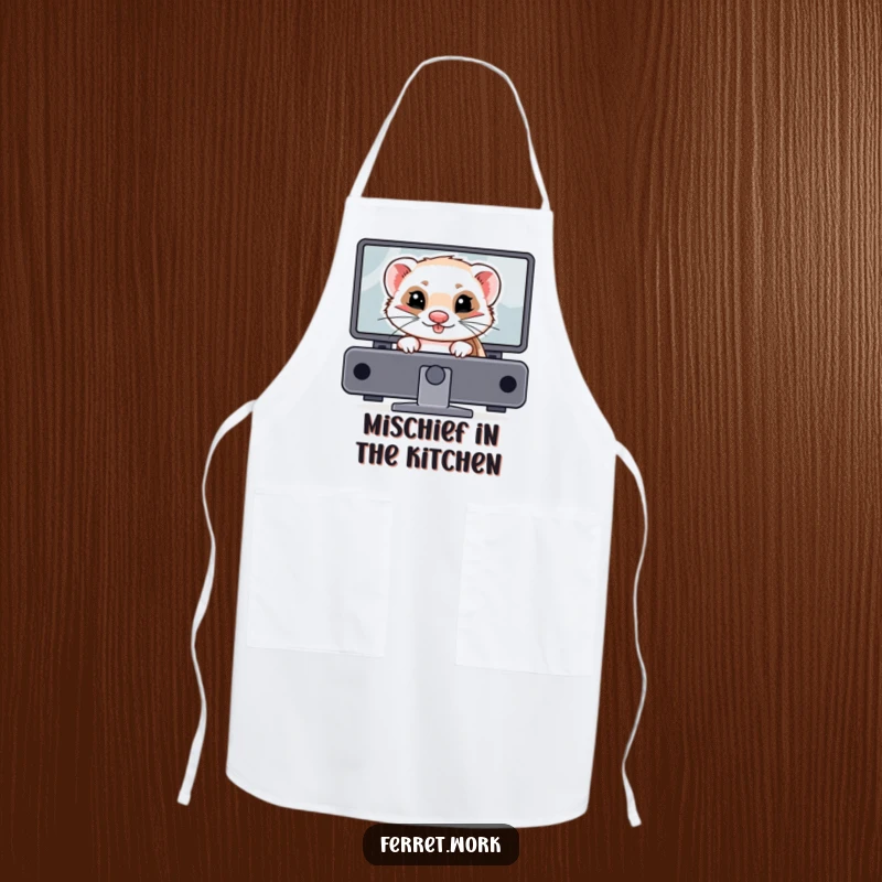 Funny ferret apron showing a mischievous ferret hiding behind a computer monitor. Kitchen prankster gear.