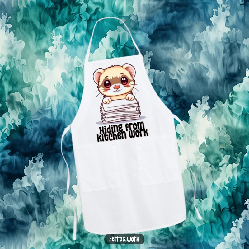 Funny kawaii office ferret peeking over papers with wide eyes, on a functional and humorous kitchen apron.