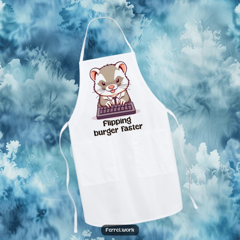 Funny kawaii office ferret typing furiously on a tiny keyboard, on a functional and humorous kitchen apron.