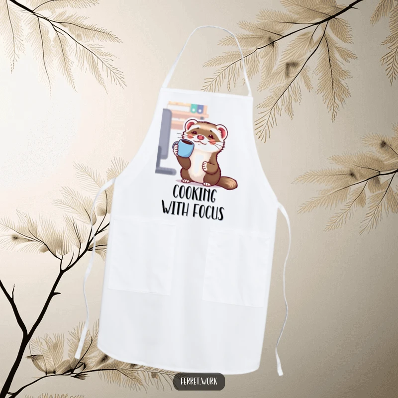 Funny Kawaii Office Ferret Apron: A cute ferret comically balances a coffee mug on its nose, bringing kitchen humor.