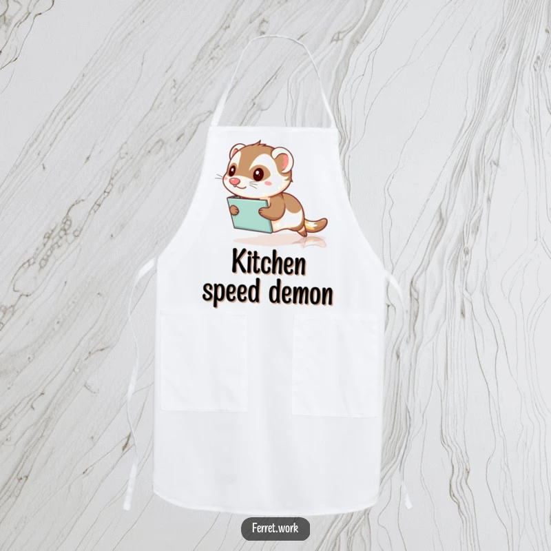 Funny Kawaii Office Ferret Apron: A cute ferret comically slides on a file folder across a floor, bringing kitchen humor.