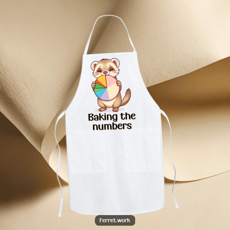 Funny apron depicting a confident ferret enthusiastically presenting a colorful pie chart, ideal for kitchen humor and aspiring presenters.