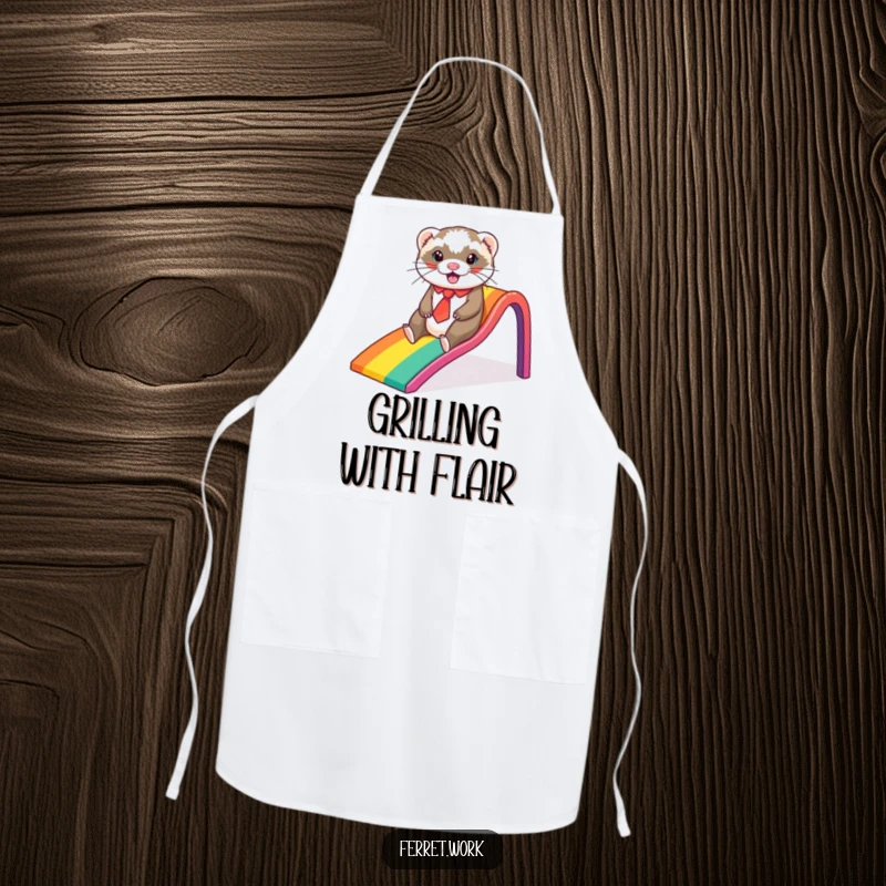 Funny ferret apron, a ferret in a tie sliding down a colorful rainbow office slide, ideal for kitchen fun and cheerful activities.