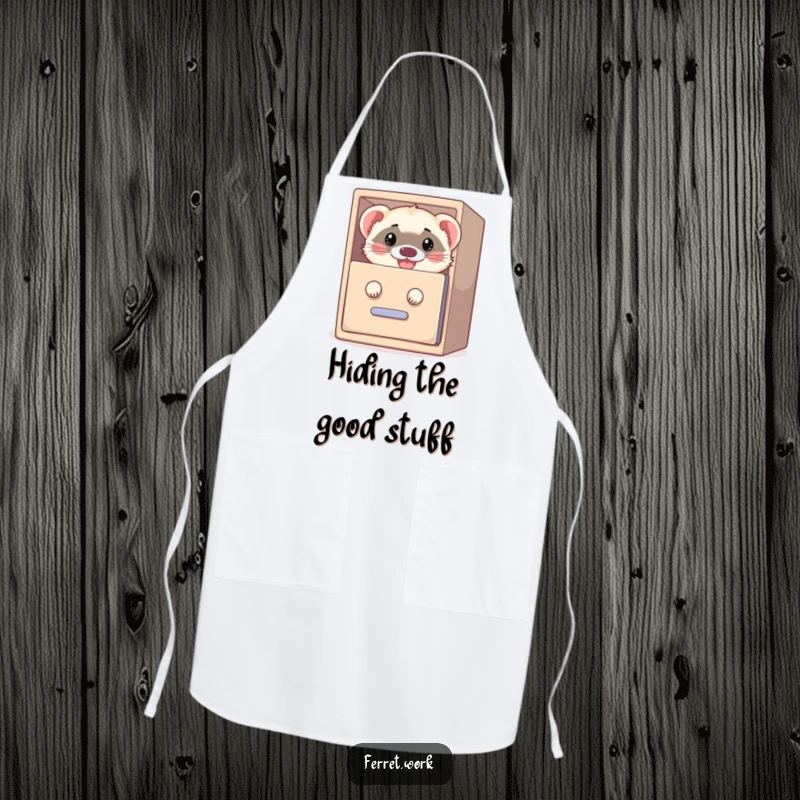 Funny apron showing a grinning ferret peeking out from a filing cabinet, ideal for kitchen humor and playful cooks.