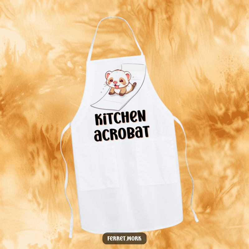 Ferret joyfully sliding down a ream of paper like a slide, on a humorous and functional chef's apron.