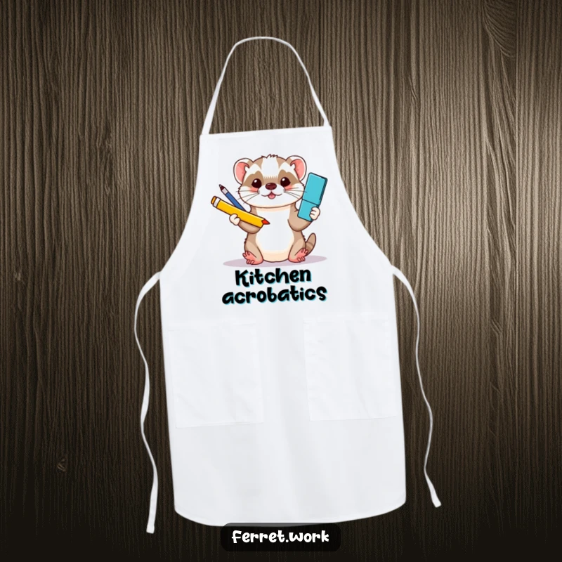 Funny kawaii office ferret juggling colorful kitchen utensils with its paws, featured on a stylish apron.