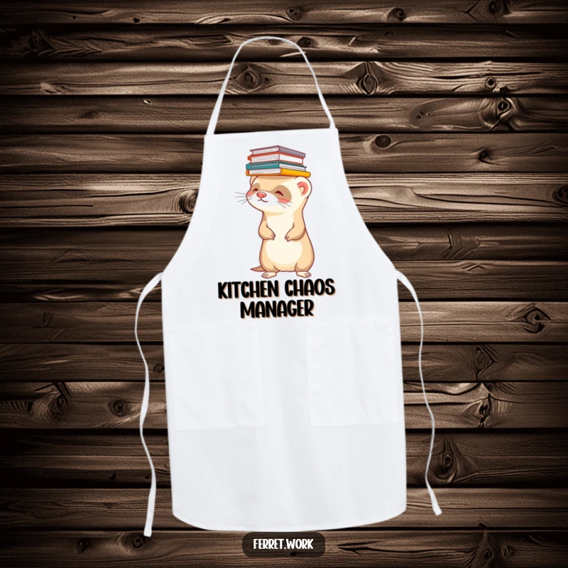 Funny ferret apron showing a ferret balancing a stack of files on its head. Kitchen humor for multitaskers.