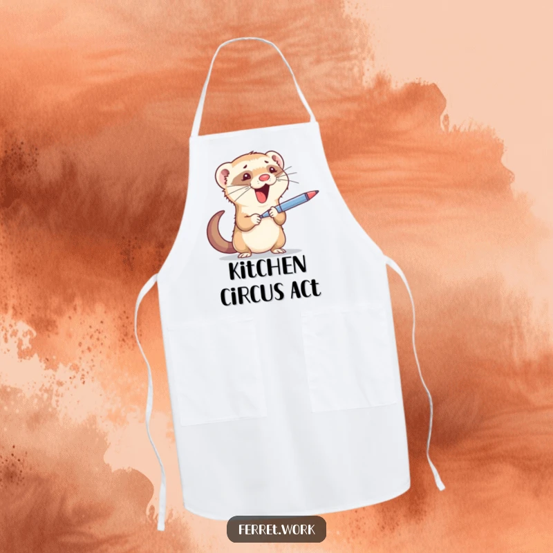 Funny apron: A determined ferret hilariously juggling kitchen tools or office supplies, ideal for culinary chaos.