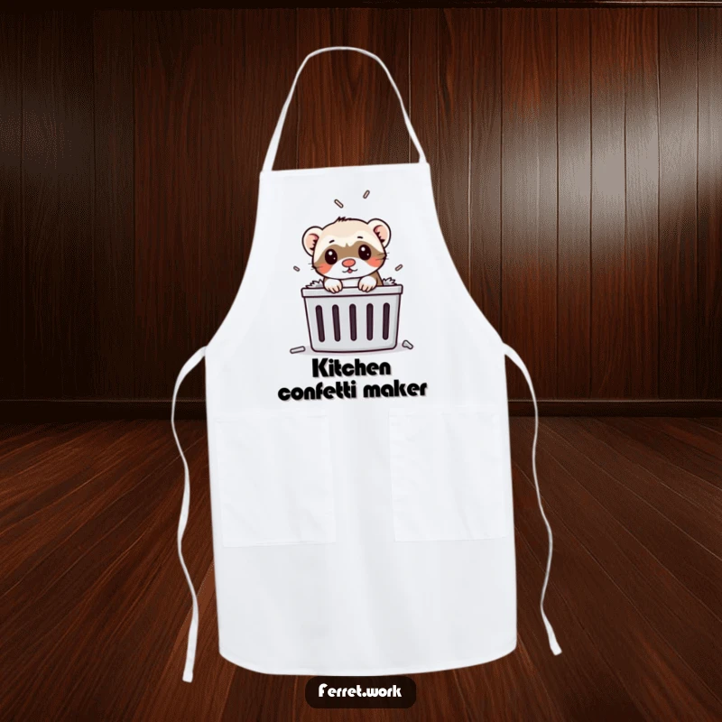 Funny ferret popping its head out of a paper shredder on a kitchen apron, adding humor to cooking duties.