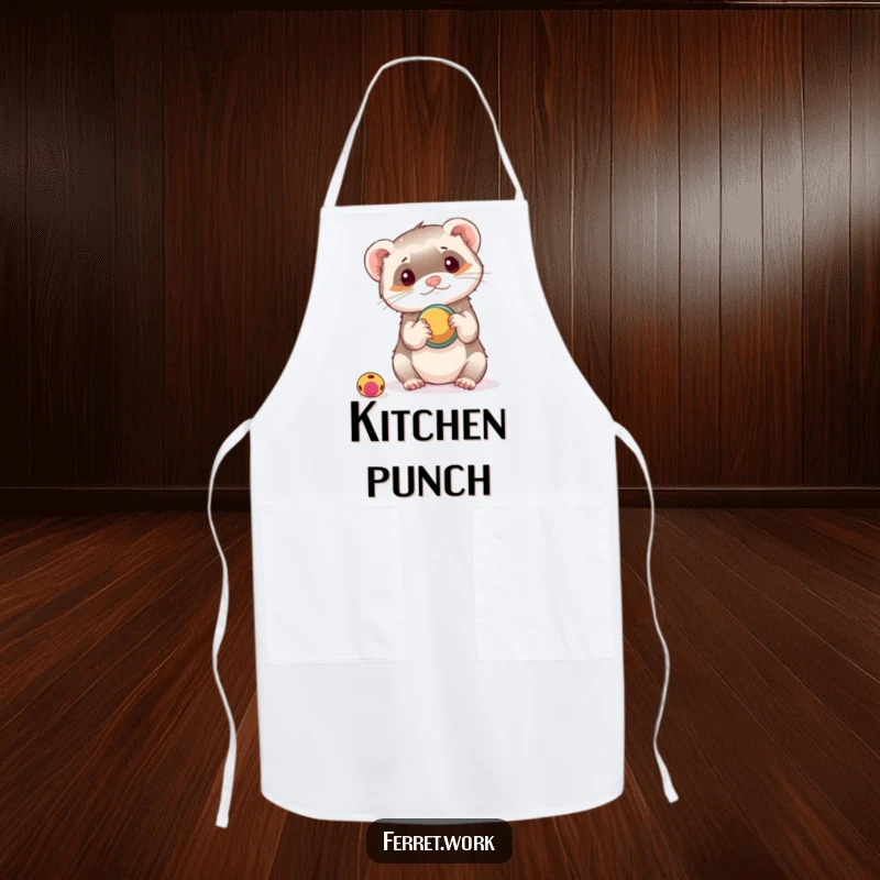 Funny apron featuring a ferret playfully using a hole punch as a toy, ready to help in the kitchen with humor.
