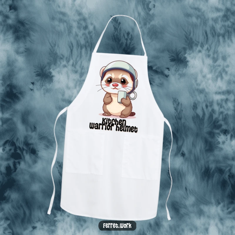 Funny kawaii office ferret wearing a coffee mug as a tiny helmet, looking ready, on a stylish apron.