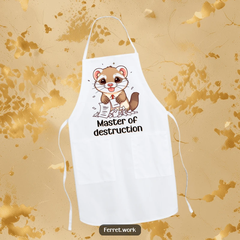 Funny kawaii office ferret wearing a tiny apron, enthusiastically shredding imaginary documents, ready for kitchen fun.