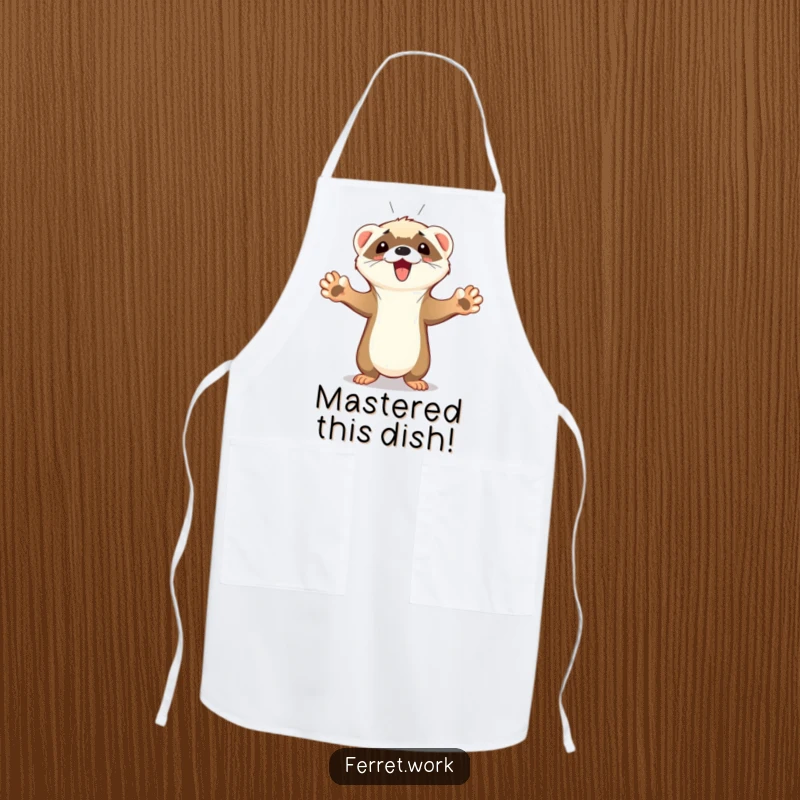 Funny Ferret Apron showing a cute ferret with all paws up, celebrating a goal with a triumphant squeak while in the kitchen.