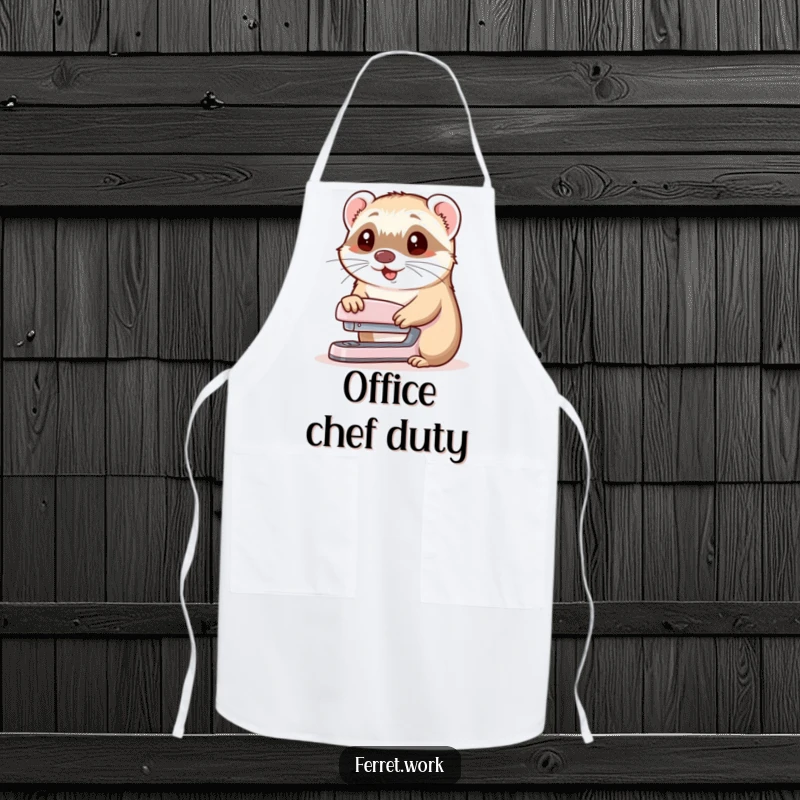 Funny apron with a cheerful ferret offering a stapler, ideal for humorous kitchen tasks and gifting.