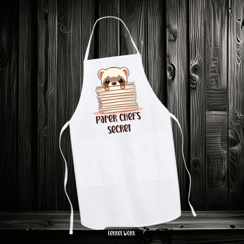 Funny ferret apron showing a ferret peeking out from behind a large stack of papers, perfect for cooks.