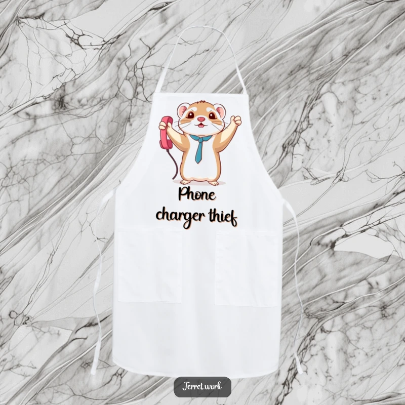 Funny triumphant kawaii office ferret holding a phone cord, a humorous and practical apron for culinary victories.