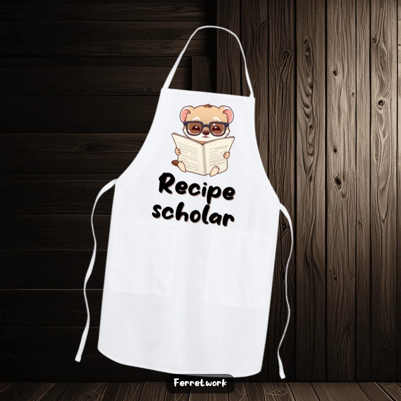 Funny apron featuring a ferret wearing glasses, looking amused while reading a document, ready to assist in the kitchen.