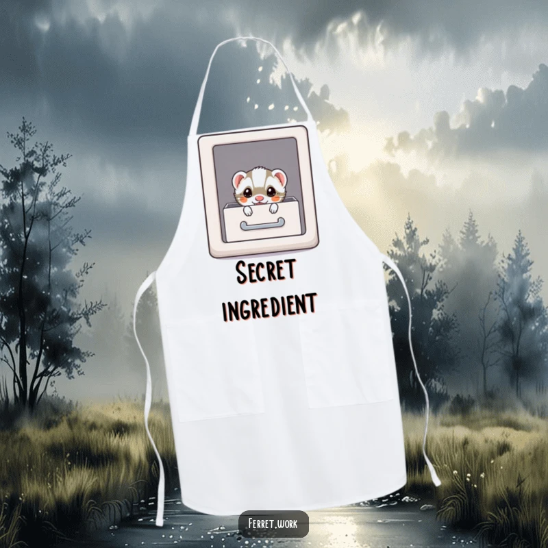 Funny kawaii office ferret in a stealthy hiding spot, perfect for a humorous apron.