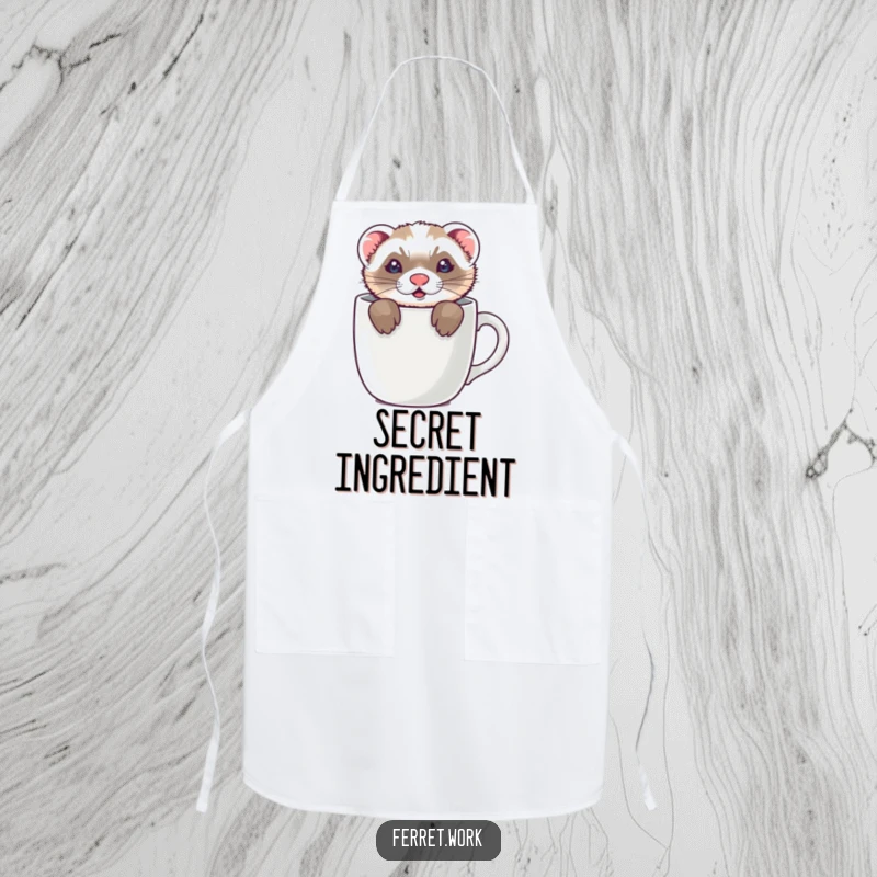 Funny apron featuring a ferret hiding in a coffee mug, only its ears showing, ready to playfully assist in the kitchen.
