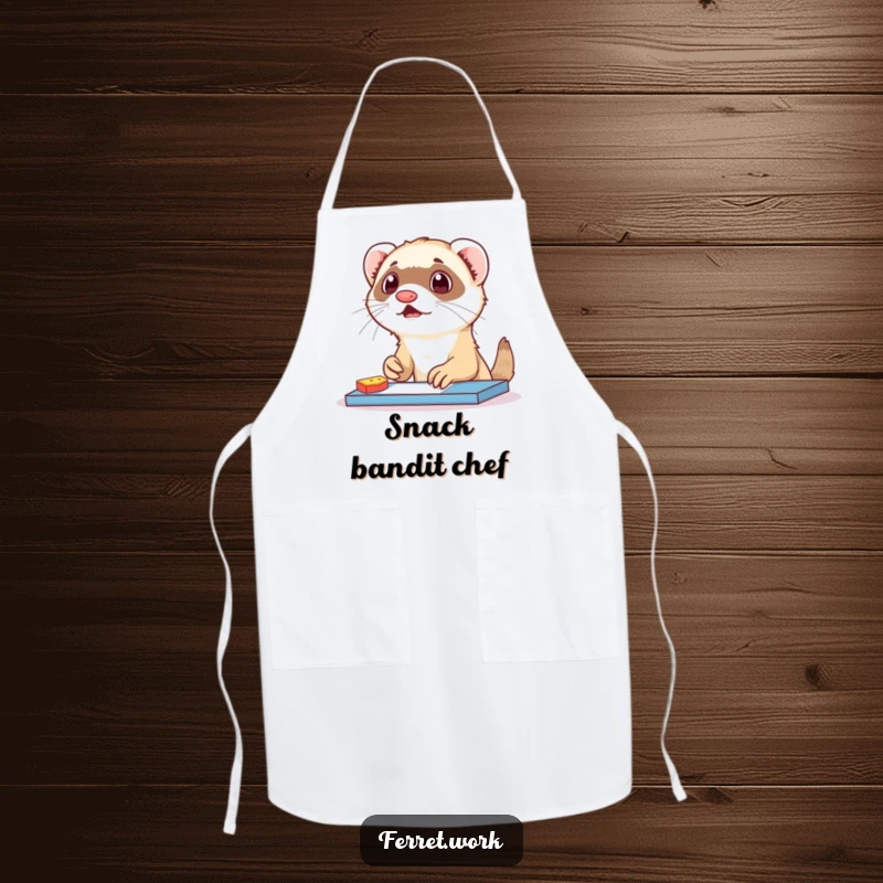 Funny ferret apron showing a surprised ferret caught snacking at a desk. Protects clothes with humor.