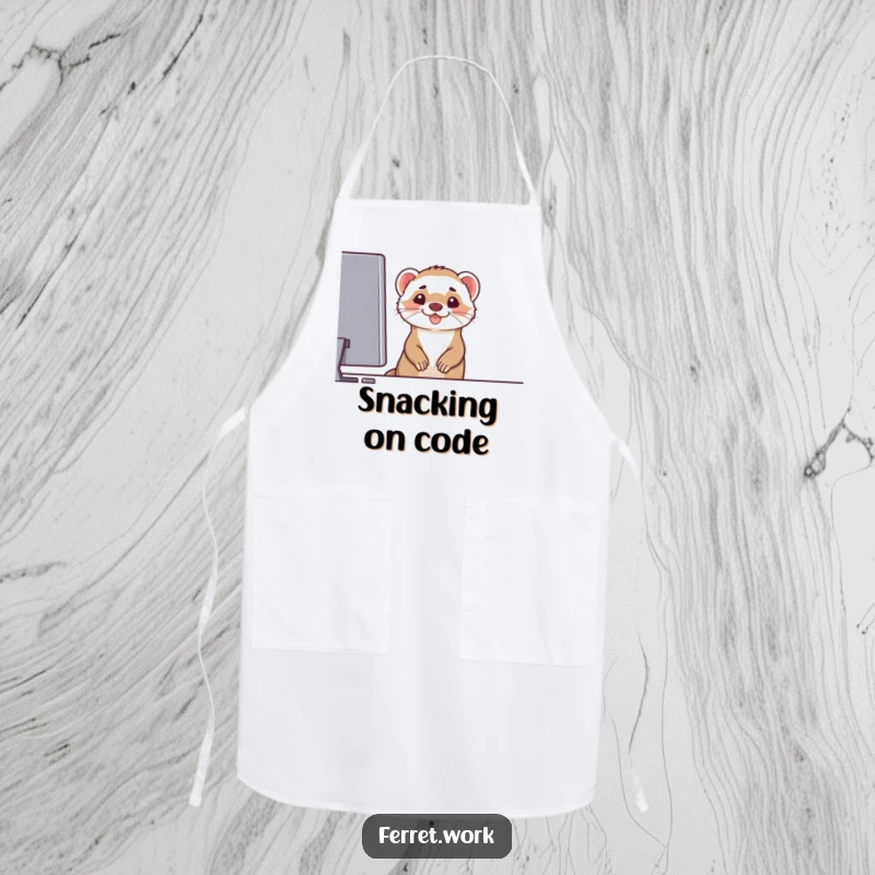 Funny kitchen apron showcasing a ferret peeking over a computer monitor with a wide, mischievous grin, perfect for techy cooks, funny gift.
